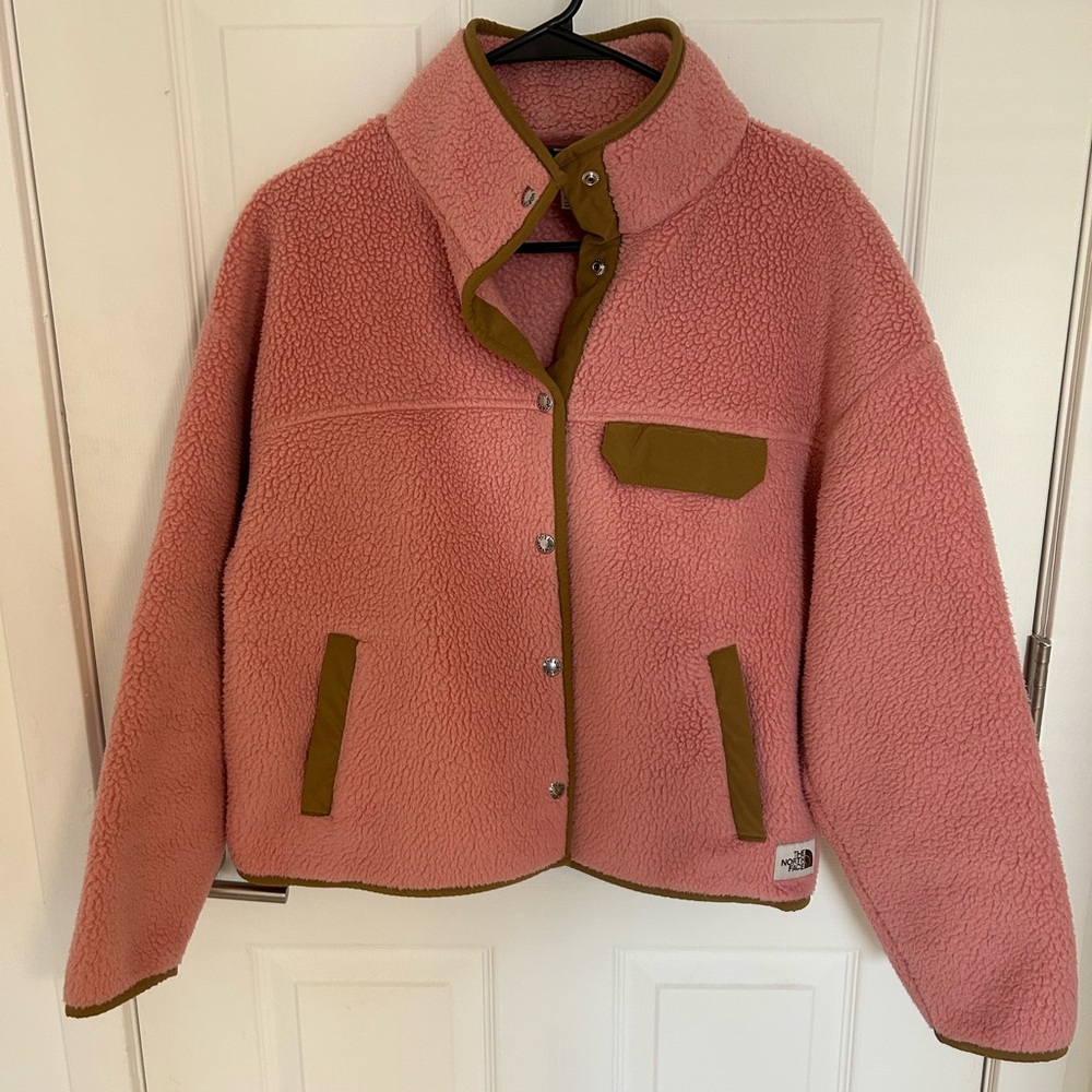 North Face Pink Fleece Jacket with Tan Accents
